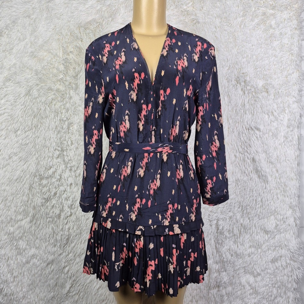 All Saints Mitre Kirsch Silk Dress Navy Pink Floral Pleated Mini V-Neck US 2